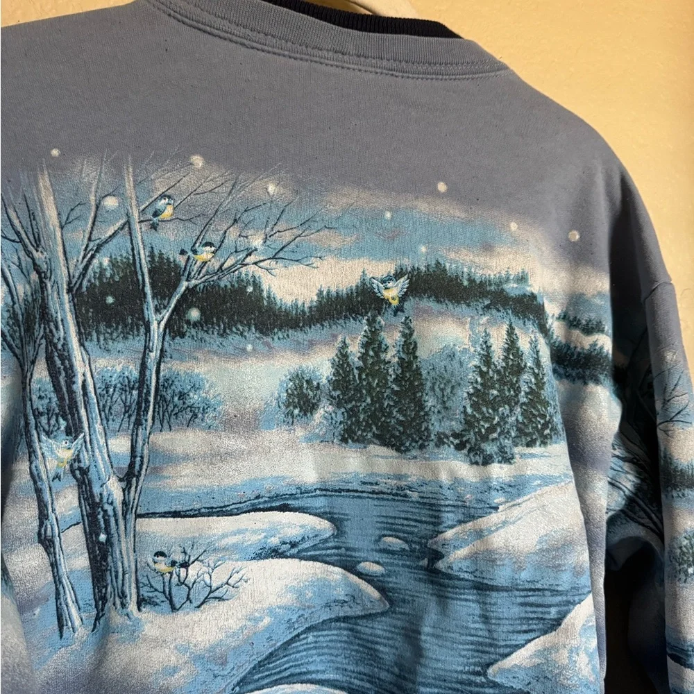 Vintage 90s Winter Wonderland Nature Snow Scene Sweater Sz M Blue All Over Print